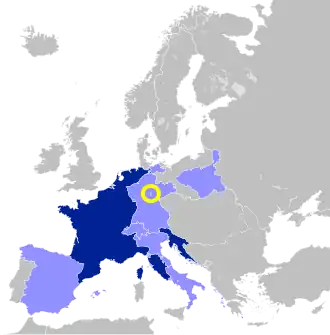 Principality of Erfurt highlighted in yellow within the First French Empire (coloured in blues), shown with 1812 borders