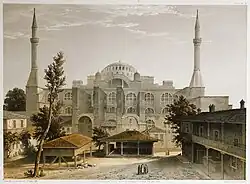 Main (western) façade of Hagia Sophia, seen from courtyard of the madrasa of Mahmud&nbsp;I. Lithograph by Louis Haghe after Gaspard Fossati (1852).