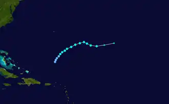 A map plotting the path and intensity of a tropical storm over the Atlantic Ocean