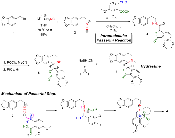 Falck’s total synthesis of hydrastine, the mechanism of the Passerini reaction for synthesis of the key intermediate is also illustrated
