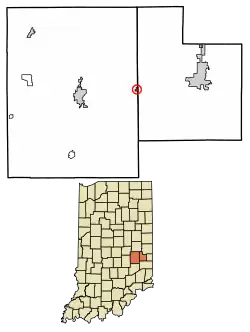 Location of Glenwood in Fayette County and Rush County, Indiana.