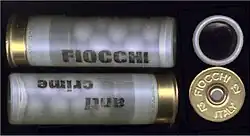 Fiocchi 12-gauge rubber buckshot: containing 15, 8.3 mm, .58 gram rubber pellets, with a muzzle velocity of 790 fps.
