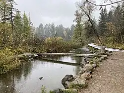 A log bridge over a very small river on an autumnal, cloudy day with flurries of snow