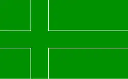 Flag of Ladonia, a micronation in southern Sweden. The white lines are not visible on the flag itself, yet it is still seen as bearing a Nordic Cross as it represents a boiled Swedish flag.