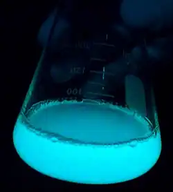 A hand holds a transparent glass flask. Inside is pale blue glowing liquid — a culture of bacteria.