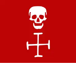 Interpretation of an unknown pirate flag from the Florida Straits described as in 1822, "hoisted a red flag with death's head and cross under it."[51] The "cross" might have referred to crossed bones.