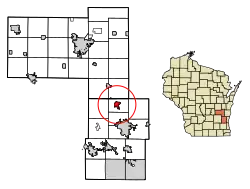 Location of Kewaskum in Fond du Lac County (top) and Washington County (bottom), Wisconsin.
