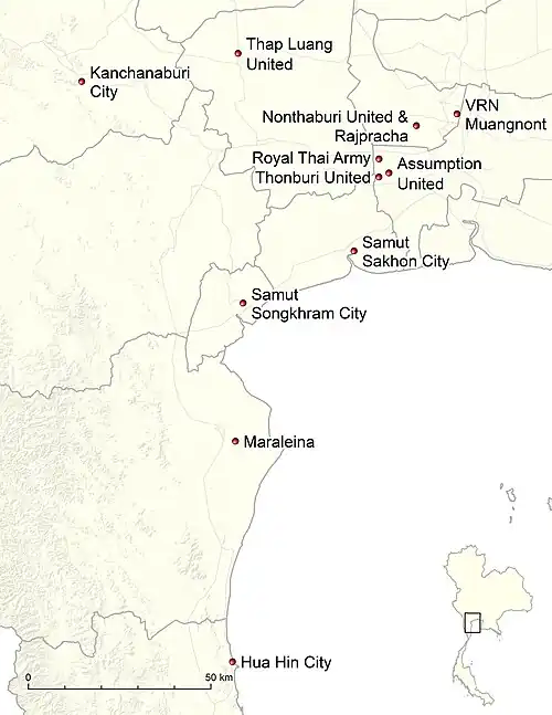 Locations of the 2024–25 Thai League 3 Western Region clubs