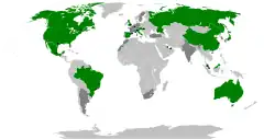 A map showing the countries that hosted a Formula One race during the 2015 season. Countries which had previously hosted a race are shown as well.