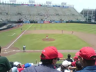 Baseball game between Diablos Rojos del México and Rieleros de Aguascalientes.
