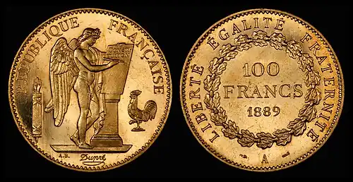 Image 1 French franc Coin credit: Monnaie de Paris; photographed by the National Numismatic Collection The French franc is a former currency of France and Monaco and, alongside the Spanish peseta, a former de facto currency in Andorra. The first franc was a gold coin introduced in 1360, which showed King John&nbsp;II of France on a richly decorated horse, earning it the name franc à cheval. A later coin, showing Charles&nbsp;VII on foot, under a canopy, was named the franc à pied. The decimal franc was established by the French Revolutionary Convention in 1795 as a decimal unit, and became the official currency of France in 1799. France joined the euro in 1999, and the franc was replaced by euro notes and coins in 2002. This picture shows a 100-franc gold coin, dated 1889, with a "winged genius" designed by Augustin Dupré on the obverse. Only a hundred proof coins of this design were minted. More selected pictures