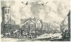 Nichtevecht. French troops plunder and shoot while passing through the ruins of the village Nigtevecht, 1672