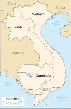 A map depicting bodies of water in light blue and land in beige. The countries in French Indochina, Vietnam, Laos and Cambodia are in a lighter shade than the other countries. Vietnam is an S shaped country bordering the sea. The various towns located on the map detailing Phan Xich Long's locations are in the southern third of the country.