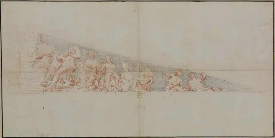 Dessin sépia : statues encadrées dans un triangle