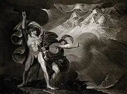 James Caldwell's engraving, after Henry Fuseli, of Macbeth's encounter with the witches.[86]