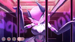 A stylized version of the Mega Gardevoir design, resembling a bipedal feminine creature with a white body, pink hair, and horns protruding from the site. It wears long black gloves and a low-cut outfit that emphasizes its breasts, looking at the viewer while standing in a dungeon background