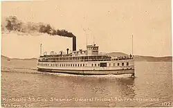 Monochrome postcard showing a steamboat at sail, smoke billowing behind. Text reads: "Monticello S. S. Co's. Steamer "General Frisbie"-San Francisco and Vallejo, Cal."