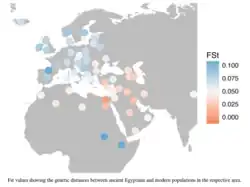 FST values showing the genetic distances of HVR-1 (mtDNA) between 90 ancient Egyptians and modern populations. Blue values depict higher genetic distances, red values depict lower genetic distances between the ancient Egyptian population and modern populations in the respective area.
