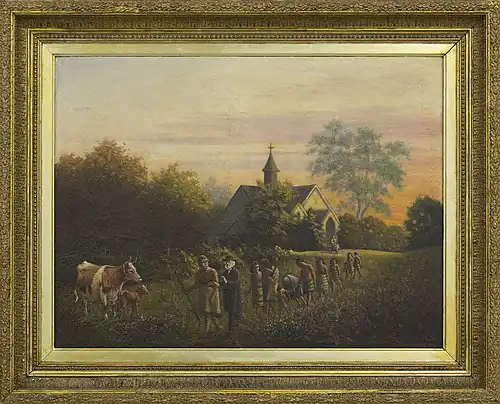 The Rev Richard Taylor with Hoani Wiremu Hīpango and family walking by the third Putiki Mission church. Artist: George Sherriff