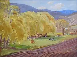 George Whinnen - , LANDSCAPE WITH CATTLE, OIL ON CANVASBOARD