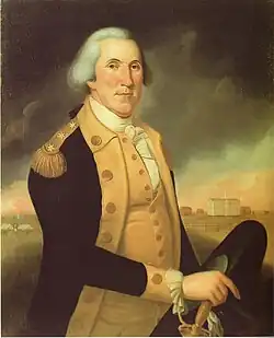 Painting of George Washington showing three star insignia. He was posthumously promoted to the rank of General of the Armies of the United States in 1976.