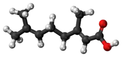Ball-and-stick model of the geranic acid molecule