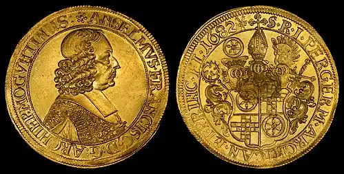 Anselm Franz von Ingelheim, Archbishop of Mainz, depicted on a Mainz, German States 10 Ducat coin (1682)