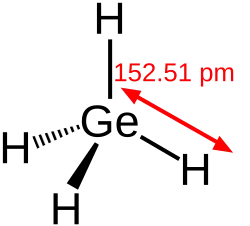 Skeletal chemical structure of a tetrahedral molecule with germanium atom in its center bonded to four hydrogen atoms. The Ge–H distance is 152.51 picometers.
