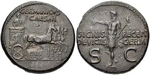 Coin showing Germanicus holding an aquila