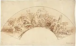 Drawing of Amphitrite sitting in a sea shell surrounded by her subjects. The Triumph of Amphitrite by Giovanni Battista Crosato (1745–1750). Held at the National Gallery of Art.