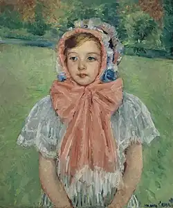 Mary Cassatt, Girl in a Bonnet Tied with a Large Pink Bow, 1909. Oil on canvas (68 x 57.2 cm). Private Collection.