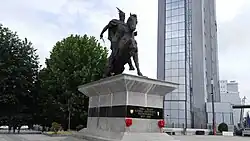 Skanderbeg square, in the center of Pristina, in Kosovo called as Sheshi "Skënderbeu". A statue of Skanderbeg stands in the center of the square