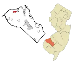 Map of Gibbstown highlighted within Gloucester County. Right: Location of Gloucester County in New Jersey.
