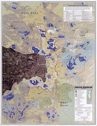 Detailed map of the Jerusalem area, showing Israeli settlements and Palestinian areas