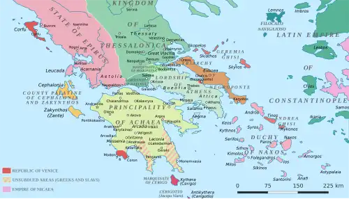 Map showing the distribution of the Aegean region between the Franks and the Byzantine successor states around 1210.