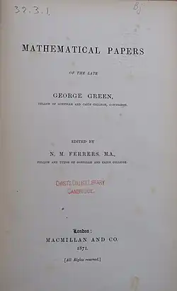 Title page of a 1871 copy of the "Mathematical Papers of the Late George Green"