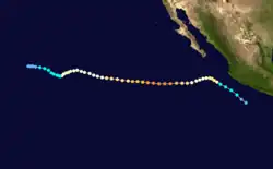 A track map of a hurricane across the Eastern Pacific; though the endpoints have multiple curves up and down, the middle is a mostly straight westward path