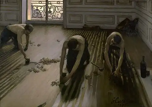 The Floor Scrapers; by Gustave Caillebotte; 1875; oil on canvas; 1 x 1.54 m; Musée d'Orsay[226]