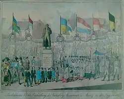 Drawing of a procession of people carrying flags around the Gutenberg monument