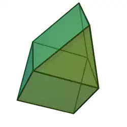 Gyrobifastigium: Two uniform triangular prisms glued over one of their square sides so that no triangle shares an edge with another triangle. As a polyhedron whose faces are regular polygons, it is a Johnson solid.[16] It is a space-filling polyhedron.[17] Its dual polyhedron is also an octahedron.[18]