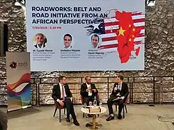 Gyude Moore at the center is part of a panel speaking about China's Belt and Road Initiative from an African perspective.