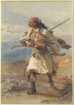 An Arvanite warrior in a watercolor painting by Carl Haag, 1861.[116]