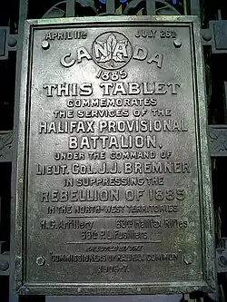 Plaque commemorating Bremner and the Halifax Provisional Battalion, Halifax Public Gardens