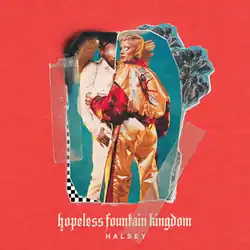 A paper cutout of Halsey wearing a gold and red tracksuit and a paper cutout of a man wearing a white suit are taped onto a red background. The words "hopeless fountain kingdom – HALSEY" are written in white text underneath.