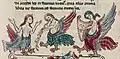 13th century, England. Harpies with triple pipes and harp, Bodleian-Library-MS-Bodl-602, folio 10r.