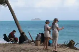 Two women look at their lists on a beach