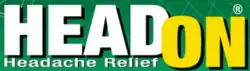 The text HeadOn is visible with "Head" in white and "On" in yellow. The text is on a green background. Above the "On" is a registered trademark symbol and below the "Head" is the text "Headache Relief" in white.