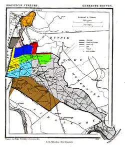 Houten in 1868. The heerlijkheden before 1795 are shown: Oud-Wulven (green), Waaijen (blue), Wulven (light blue), Heemstede (yellow), Grote and Kleine Koppel (pink and dark grey), Maarschalkerweerd (orange), and Slagmaat (red), and Odijk to the Northeast.