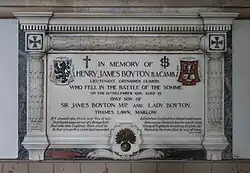 Memorial to Henry James Boyton (died 1916), the only son of Sir James Boyton, showing his family arms (top left)