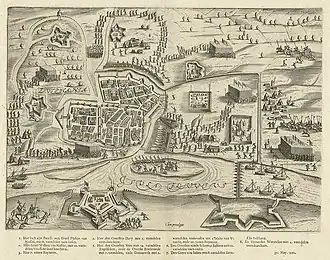Siege of Zutphen in 1591 by Bartholomeus Dolendo - The English are attacking the sconce at top of picture